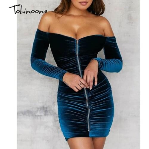 Tobinoone Cold shoulder pleated sexy dress Women v neck autumn short bodycon dress Elegant front zipper party club ladies dress