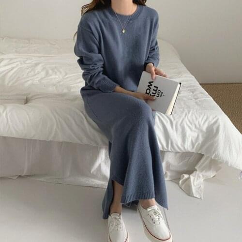 Croysier Korean Style Women Winter Warm Knitted Midi Dress Side Slits Round Neck Long Sleeve Cozy Casual Loose Sweater Dress