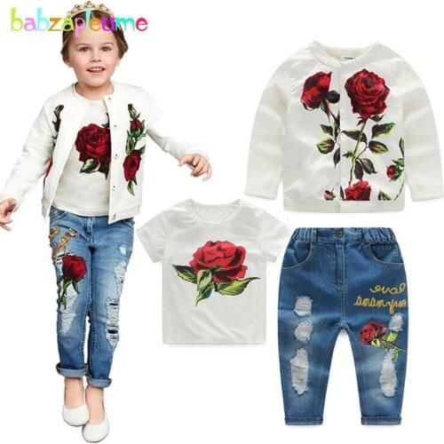 3PCS/3-10Years/Spring Autumn Baby Girls Boutique Clothing Set Flower White Kids Jacket+T-shirt+Jeans For Children Clothes BC1253