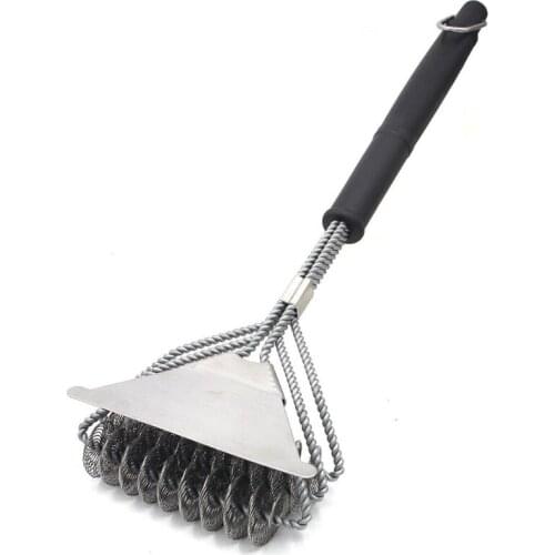 3 In 1 Stainless Steel Bristle Grill Brush and Scraper Metal Mesh Wire BBQ Grates Triple Cleaning Tool with Long Handle Barbecue