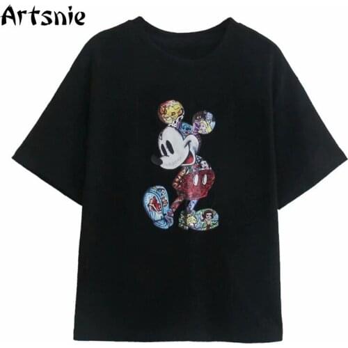 Artsnie Disney Mickey Mouse T Shirt Women Summer 2021 O Neck Short Sleeve Black Top Streetwear Knitted Oversized Cartoon T-shirt