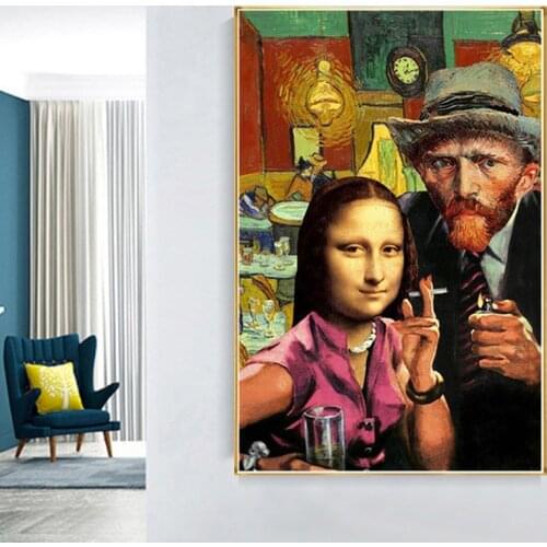 Da Vinci Famous Funny Art Mona Lisa and Van Gogh Smoking Canvas Paintings Posters and Prints Wall Art Pictures for Living Room
