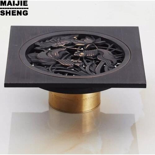 Shower Floor Drain Trap Waste Grate With Hair Strainer anti smelly drains 10*10cm Vintage Artistic black Brass Bathroom Square