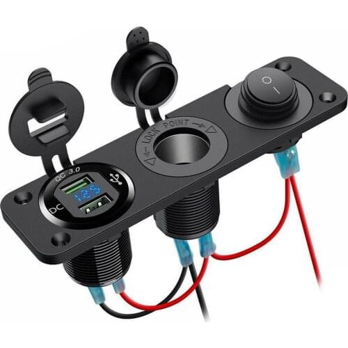 Car Cigarette Lighter Socket Dual QC3.0 USB Port Car Charger With Voltmeter Switch Suitable For DC 12-24V Vehicles