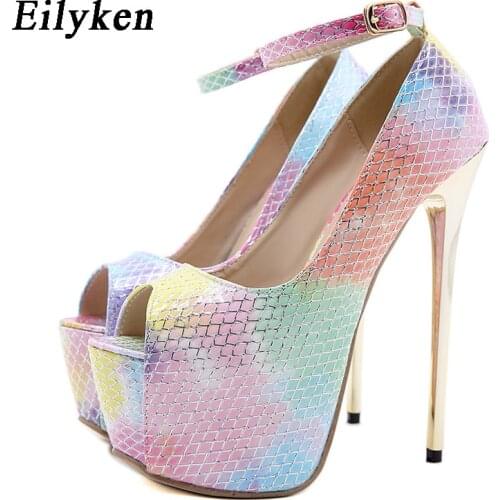 Eilyken Patent Leather Women Pumps High Heels Fashion Rainbow Color Peep Toe Ankle Buckle Strap Sandals Platform Wedding Shoes