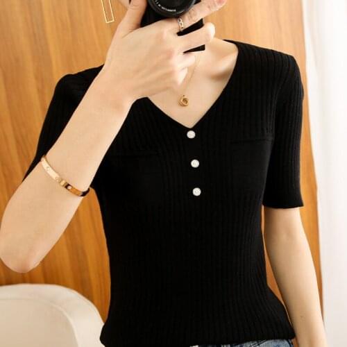 T-shirt womens summer new style pure cotton knit sweater short-sleeved slim slimming top V-neck short wild pullover T-shirt