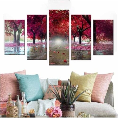 Canvas Paintings Living Room Decor 5 Pieces Red Trees Landscape Pictures Wall Art HD Prints Deciduous Street Posters Framework
