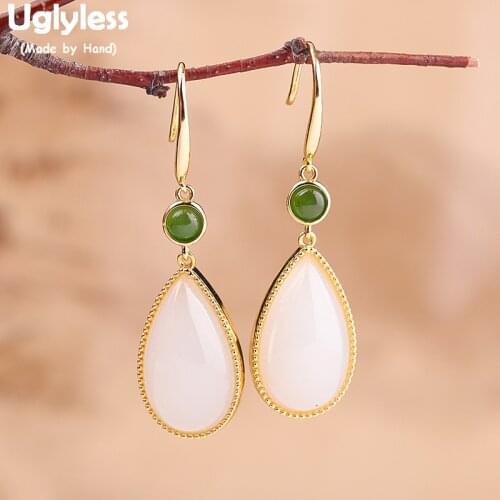 Uglyless Classic Women Water Drop Jade Jasper Earrings Elegant Lady Wedding Dress Earrings 925 Silver Brincos Fine jewelry E1768