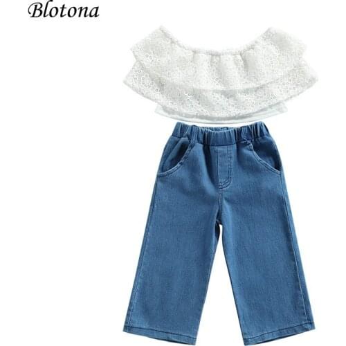 Blotona Little Girls T-shirt and Trousers Suit Fashion Solid Color Lace Boat Neck Off Shoulder Tops + Wide Leg Denim Pants, 2-7Y