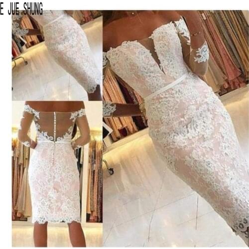E JUE SHUNG Short Wedding Dresses Scoop Neck Long Sleeves Button Back Blush Pink Bridal Gowns vestido de noiva