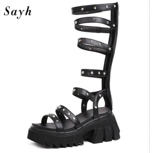 Summer Womens Platform Sandals Boots Punk Rivet Rome Mid Calf Boots Zipper Shoes Women Casual Shoes