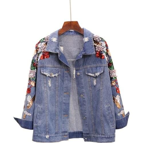 Fashion Heavy Work Beading Sequins Denim Jacket Coat Women Loose Short Student Outerwear Frayed Jeans Jacket Female Streetwear