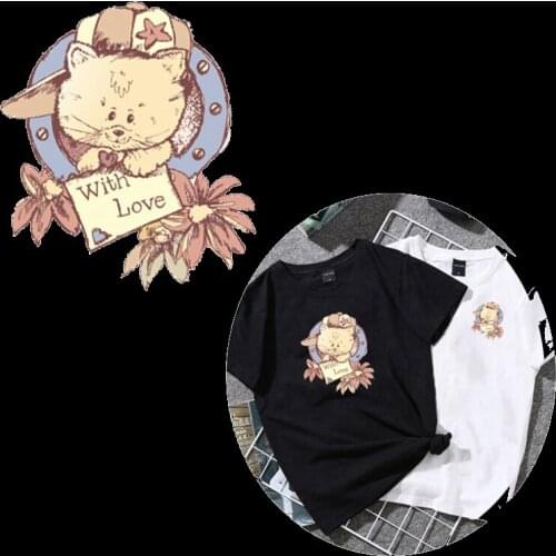 Cartoon Cute Animal Cat Patches Iron on Transfer Flower With Letter Patches for Kids Clothing DIY Heat Transfer Vinyl Stickers
