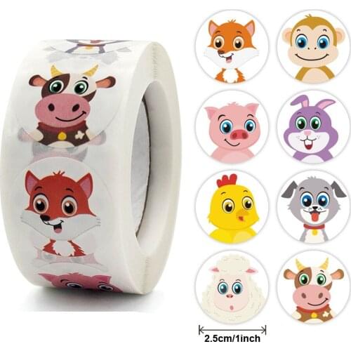 500PCS Animal Stickers Decorative Children Reward Roll Sticker Decor Tiger Cow Stationery Adhensive Seal Label Gift Box Tag Toy