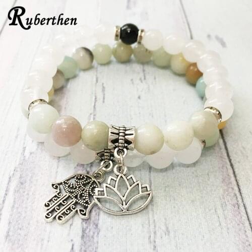Ruberthen 2019 New Arrivals Design Bracelet Set Lotus Hamsa Charm Bracelet for Women Amazonite Snow Quart z Bracelet