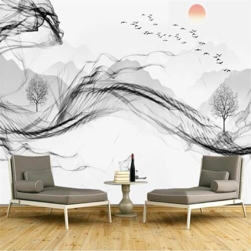 Milofi new Chinese abstract ink landscape large bedroom living room wallpaper mural TV background wall