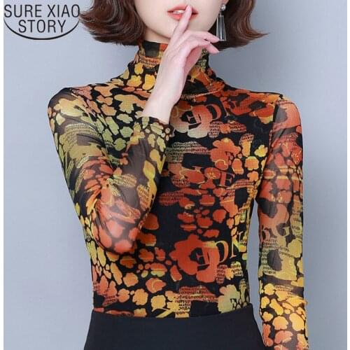 Autumn Hollow Sexy Ladies Tops New 2021 Fashion Printing Women Base Shirts Long Sleeve Slim Turtleneck T Shirt Spring 7498 50
