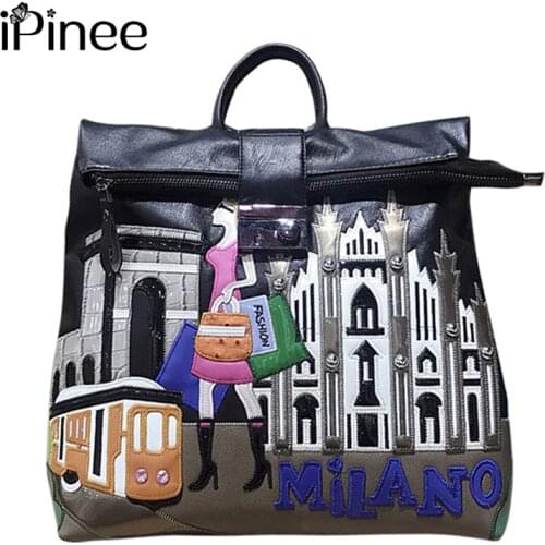 IPinee 2019 New PU Leather Women Backpack Luxury Embroidered School Backpack For Teenager Girl Large Capacity Travel Backpack