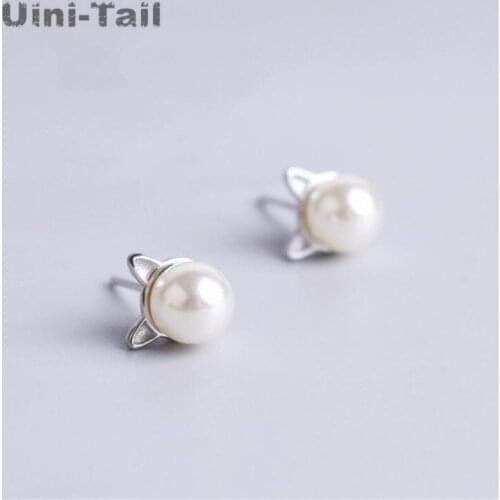 Uini-Tail925 sterling silver simple original pearl cat cute earrings female Korean version of the tide flowing kitten jewelry