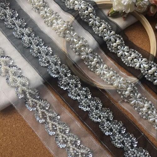 1yds Pearl Beaded Rhinestone Lace Trims Applique For Sewing Clothing Wedding Dress Accessories White Black Mesh Lace Decoration