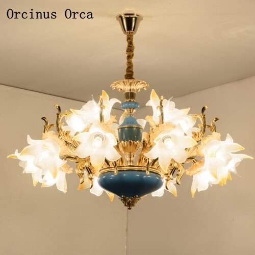 High-end custom European luxury blue flower ceramic chandelier living room dining room bedroom French Color Crystal Chandelier