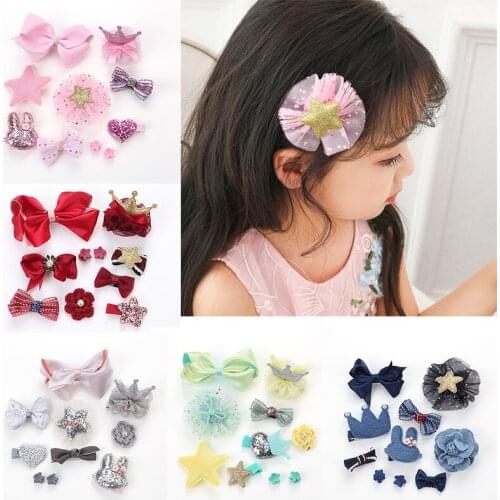 10pcs Headwear Set Children Accessories Ribbon Bow Hair Clip Hairpins Kid Girls Princess Headdress Crown Cute Bow-knot Hair Grip