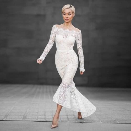 Womens White Lace Bridesmaid Dress Midi Off Shoulder Sexy Mermaid Strapless Long Sleeve Fashion Free Shipping Plus Size Formal