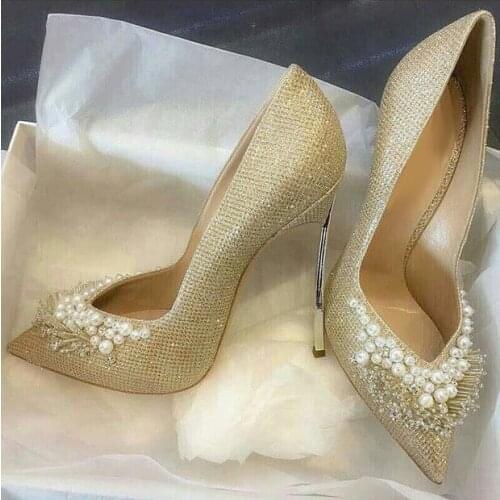 New Designer White Pearl Decor High-heels Pumps Gold Metal Heels String Bead Women Shoes Pointed Toe V-style Office Lady Shoes