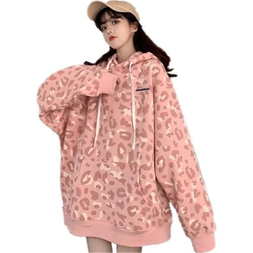 2021 Autumn Winter Velvet Streetwear Women Leopard Print Pullover Hoodie Oversized Drop Shoulder Hooded Sweatshirt Unisex Top