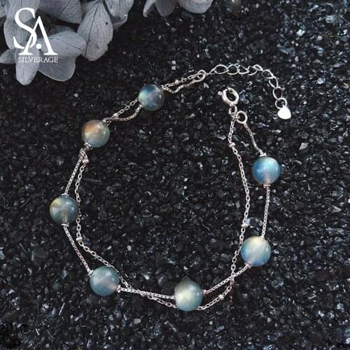 SA SILVERAGE 925 Sterling Silver Strawberry Crystal Chain Link Bracelets Bangles for Woman Two Layer Round Ball Wrap Bracelets