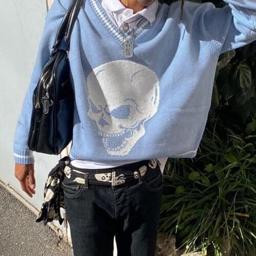 Korean Fashion Sweater Pullover Female Skull Print Loose Casual Women Pullovers Autumn Winter Harajuku V Neck Knitwear Tops New