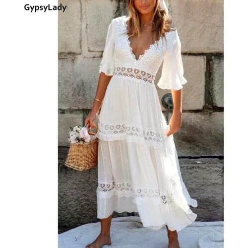 GypsyLady 100% Cotton Lace Maxi Dress Women Vintage Casual Summer Dress Crochet Ruffle Flare Sleeve Sexy Ladies Beach Dresses