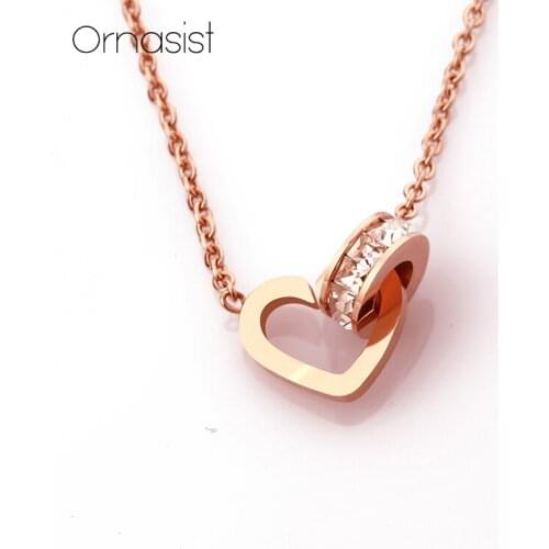 Romantic Crystal Heart Titanium Steel Necklaces Rose Gold Roman Numerals Peach Double Circle Women Necklace Pendants Best Gift