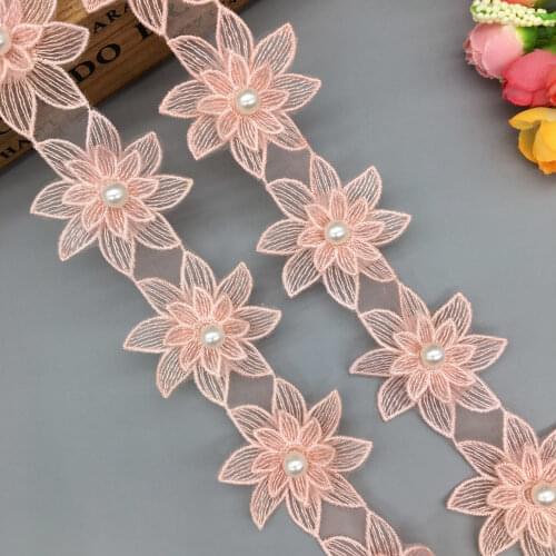 1 Yard Pink 3D Flower Pearl Beaded Lace Trim Applique Embroidered Lace Ribbon Sewing Craft For Wedding Dress Clothes Decoration