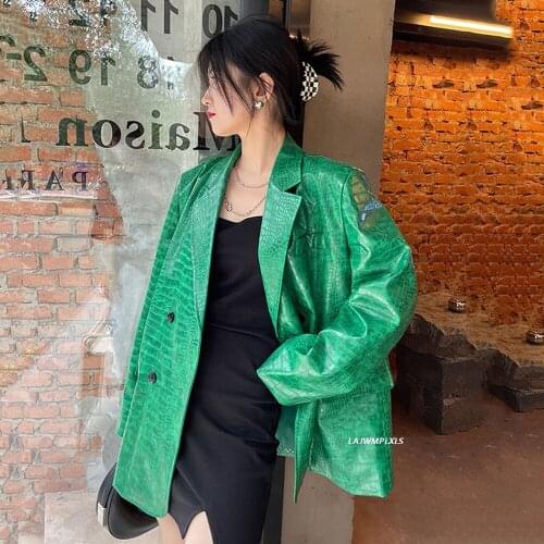 2021 Spring Autumn New Fashion Green PU Leather Blazer Womens Notched Loose Single Breasted Long Sleeve Suit Jacket