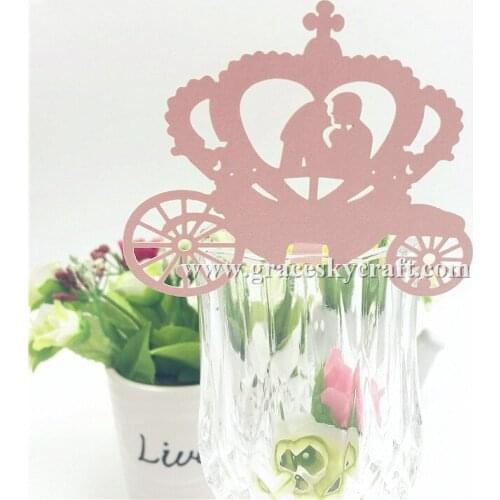 30pcs Free Shipping laser Cut Place name seat party Invitations Cup Cards bride groom in carriage Wine Glass party home supplies