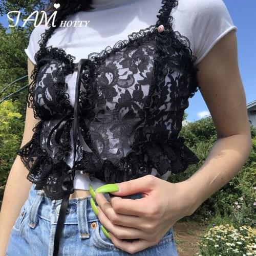 Black Mesh Lace Corset Crop Top Women Gothic Sexy Transparent Ruffles Kawaii Tie Up Frill Retro Camisole Party Street Iamhotty