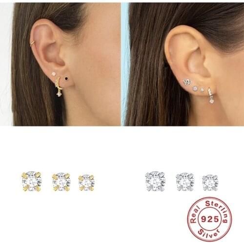 INS Mini Four-claw Zircon Crystal Stud Earrings for Women Piercings Pendientes 2.5mm/3mm/3.5mm 925 Sterling Silver Earring