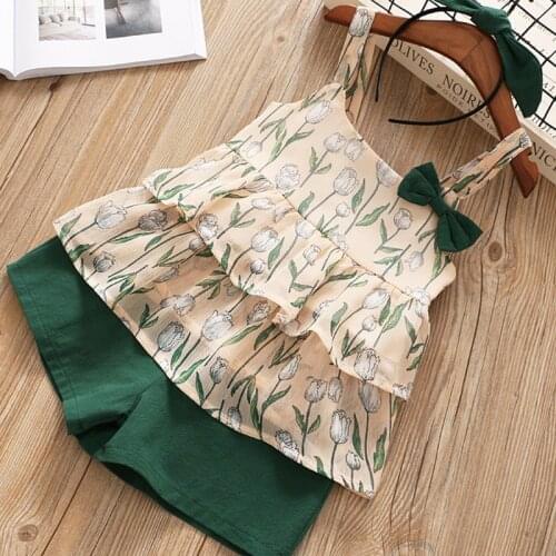 2021 Summer Kids Clothing Set Layered Chiffon Flower Printed Sling Tops Children Clothes + Shorts 2Pcs Girls Set