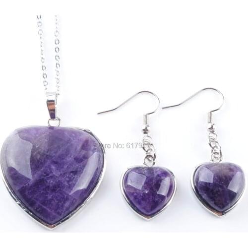 RONGZUAN Women Jewelry Natural Amethysts Tigers Eye Opal Stone Heart Beads Pendant Earrings Necklace Chain Jewelry Set TBQ308