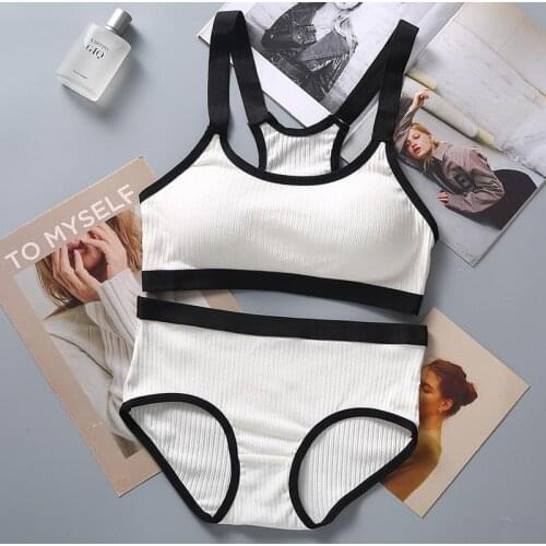 Padded Cotton Bra Underwear Set for Women Bralette Top Wireless Bra Panties Seamless Ribbed Bralette New