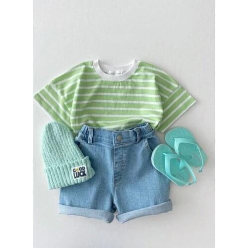 Korean Baby Kids Striped Short Sleeves T-shirt Toddler Boy Girl Casual Fashion Macaron Color Cotton Tops Tees 2021 Summer