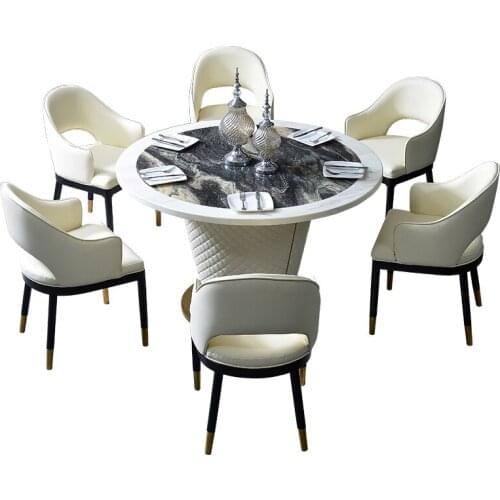Marble stainless steel round dining table set comedor sillas de comedor стол обеденный mesa comedor muebles + 6 leather chairs