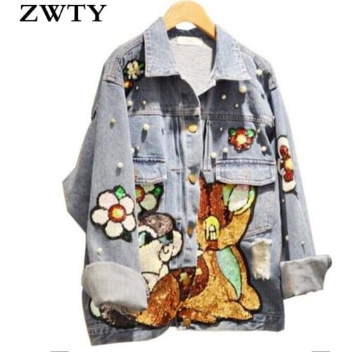 ZWTY Cartoon Sequins Embroidered Denim Jacket Women Spring New Korean Style Student Leisure Loose Jeans Jacket Coats Overcoat