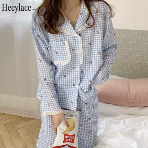 Princess Sweet Plaid Homewear Comfortable Loose 2021 Sleepwear Chic Hot Vintage Soft New Casual Femme Women Pajamas Sets