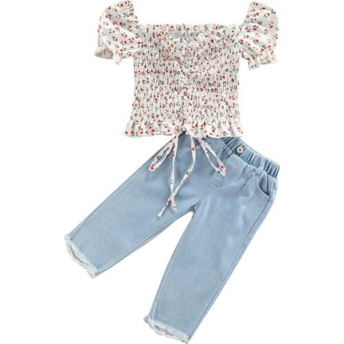 Fashion Kids Girl Outfits Floral Square Collar Puff Sleeve Drawstring Shirt + Solid Color Frayed Raw Hem Jeans with Pocket