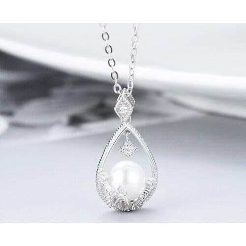 MADALENA SARARA Sterling Silver S925 9-10mm Freshwater Pearl Pendant Women Necklace Cubic Zirconia Classical Chain Necklace