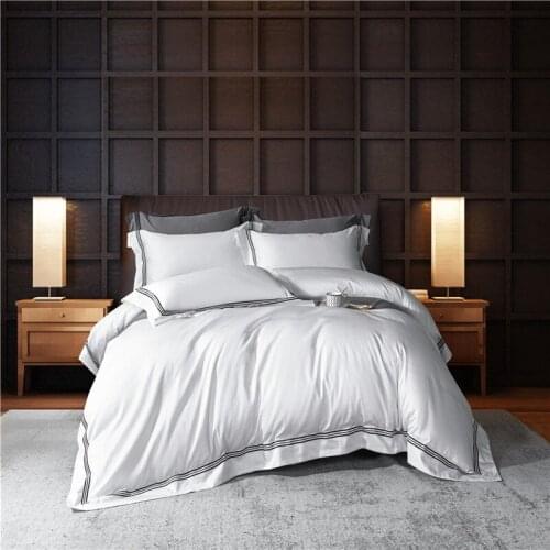 Luxury Hotel 100%Cotton Soft Duvet Cover with Embroidery Trim White Grey Queen King size 4/6Pcs Bedding set Bed Sheet Pillowcase