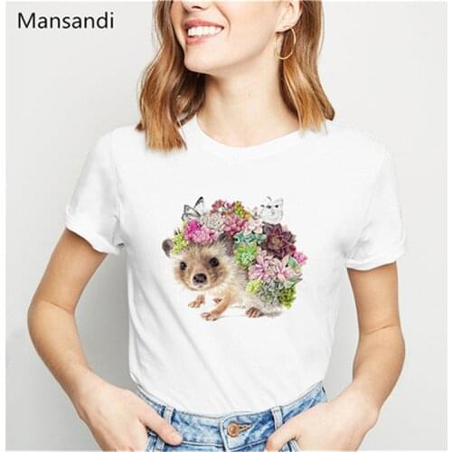 Hedgehog butterflies succulents Art animal print Funny t shirts women kawaii clothes summer white t shirt camiseta mujer tops