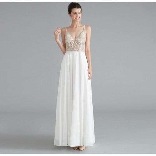 A-line Formal Party Girls Sexy Backless Dresses 2020 Long vestidos de gala Spaghetti Straps Luxury Beading Pearls Evening Gowns